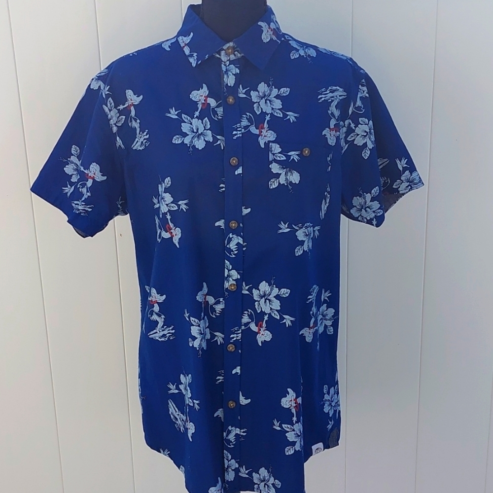 Free Planet Men's Medium Hawaiian Hula Girl Button Down Shirt